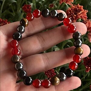 Handmade Carnelian + Tigers Eye + Black Obsidian + Hematite Beaded Bracelet *